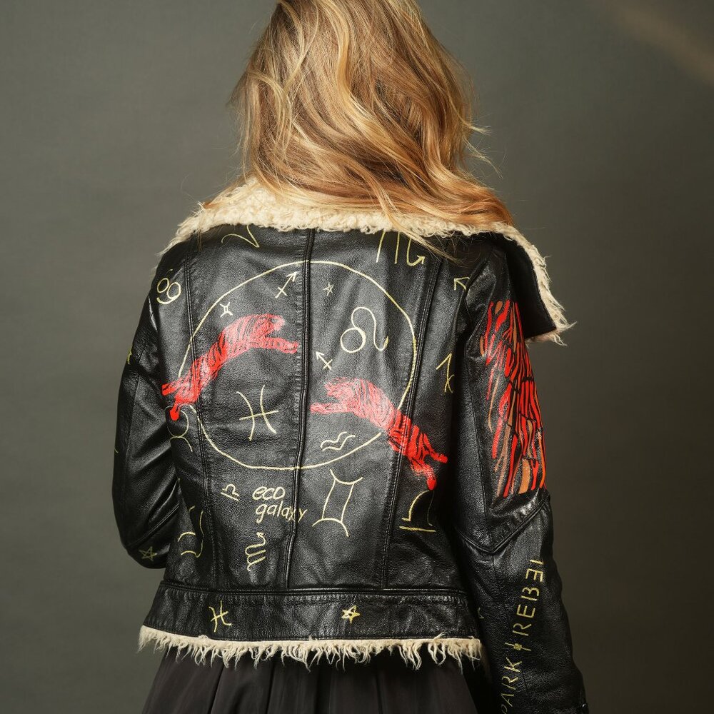 Hand-painted Leather Jacket, "Galaxy Tiger," SPARK + REBEL - Size M